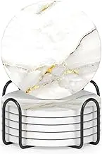 Nipichsha Coasters for Drinks, Set of 6 Marble Style Absorbent Ceramic Coasters with Holder and Cork Base, Cute Stone Drink Coasters for Cup Kitchen Home Decor Housewarming Gift, Round 4", Gold White