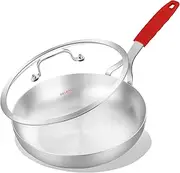 DELARLO Whole Body Tri-Ply Stainless Steel 12 Inch Frying Pan with Lid, Kitchen Large Skillet Suitable for All Stove