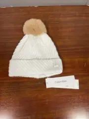 Calvin Klein White Toboggan with Brown Faux Fur Ball on Top One Size