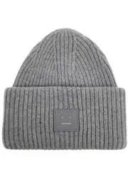 Acne Studios Pansy Logo Ribbed Wool Beanie - Light Grey - One Size ONE SIZE