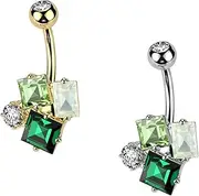 [beyoutifulthings] Navel Piercing Silver Gold Connected Crystals Clear Green Surgical Steel Banana Bell Bar Length 10mm