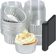 50 Pcs Aluminium Foil Baking Cups, Heat Resistant Cupcake Baking Cups 5oz Mini Cake Pans with Lids and Spoons Reusable Foil Muffin Liners for Gatherings Picnics Vacations Parties (Silver)