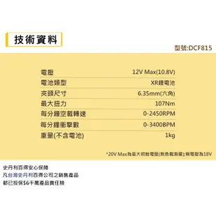 DeWALT 得偉 10.8V鋰電衝擊起子機 DCF 815D2