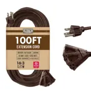 100 ft Brown Outdoor Extension Cord 3 Outlet - 16/3 SJTW Weatherproof Heavy D...