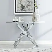 Modern Style Console Table Narrow Sofa Table with Tempered Glass Top and Metal Tubular Legs, 45" Lx18 Wx30 H, Silver