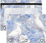 Elegant White Parrot Flower Blue Zippered Binder Pouches with Clear Window Zippered Large and Sturdy Pocket folders for 3 for Storing School Students Teacher Supplies