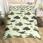 Manfei War Theme Duvet Cover Set Twin Size, Army Green Aircraft Tanks Bedding Set 2pcs for Kids Boys Bedroom Decor, Retro Airplane Tanks Comforter Cover Soft Polyester Quilt Cover with 1 Pillowcase