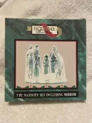 Vintage Frosted 7 Piece Nativity Set with Mirror, Christmas Holiday New In Box
