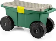 Pure Garden Garden Cart Utility Wagon – Rolling Storage Bin with Bench Seat and Interior Tool Tray – Gardening Stool for Weeding and Planting by, Dark Green/Black/Grey