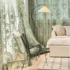 Dark Green Sheer Vintage Tulle Curtains Elegant Ruffle Embroidered Flowers Light