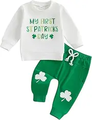 [Loalirando] Baby Boys My First St Patrick's Day Outfits Set Long Sleeve Round Collar Jumper Sweatshirt Tops Long Green Clovers Pants with Drawstring Baby Boys Shamrock Clothing Set