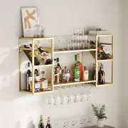 Metal Floating Bar Liquor Shelves 2 Tier, Wall Mounted Wine Rack with Glass H...
