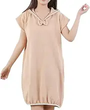 [FGAoTeng] Women's Wearable Hooded Towel Robe - Soft Coral Fleece Short Sleeve Pull on Spa Dress Thick Absorbent Bath Skirt for Shower Summer Beach Travel Home Loungewear