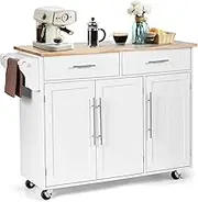 Giantex Mobile Kitchen Island Cart, Rolling Storage Trolley with Towel Bar, 2 Deep Drawers, 3 Door Cabinets, Swivel Casters, Rubber Wood Top, for Kitchen Dining Room Hotel Restaurant Cafe (White)