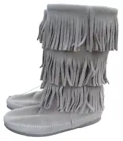 NIB MINNETONKA Women' Sz 11-M Cream Suede 3 Layer Fringe Mid Calf Boot