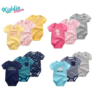 Kiddiezoom 3件組合 夏季短袖卡通嬰兒連身衣 男女寶寶包屁衣 0-12個月嬰兒衣服