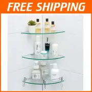Durable Stainless Steel 3-Tier Glass Corner Shelf with Hangers for Bathrooms