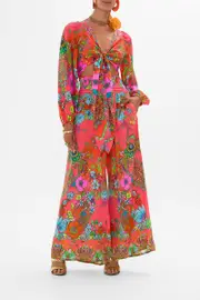 TIE FRONT BLOUSON SLEEVE BLOUSE WINDMILLS AND WILDFLOWERS