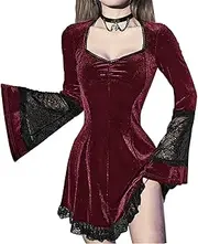 [XKBHYD] Womens Gothic Fairy Dress Flare Sleeve Velvet Dresses Punk Grunge Harajuku Dress Vintage Lace Patchwork Witchy Dress