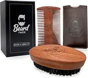 Beard Face Boar Bristle Beard Brush & Cherrywood Comb Kit - 100% Boar Hair Brush for Even Beard Oil Distribution, Detangling Curly Beards, Stimulating Oil Production, Skin Exfoliation - Includes Vegan Leather Pouch & Premium Gift Box