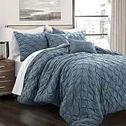 Lush Decor Ravello Pintuck Vintage Chic Farmhouse Style 5 Piece Comforter Set with Pillow Shams, Full/Queen, Stormy Blue