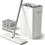 JOYMOOP Mop and Bucket Set with Wringer, White Flat Mops for Floor Cleaning, Hands Free Wet Dry Use, 60" Microfiber Mop with 6 Reusbale Microfiber Pads