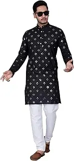 [XEPON] Men's Traditional Cotton Chikankari Style Embroidered Casual Knee Length Long Sleeve Mandarin Collar Straight for Ethnic Festive Wear