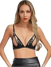 [FEESHOW] Women Triangle Bra Hollow Out Lace Bralette Spaghetti Straps Open Breast Front Cutout Bustier Lingerie Underwear