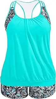 [Holipick] Plus Size Tankini Swimsuit for Women Two Piece Tummy Control Bathing Suit Blouson Racerback Tankini Top with Shorts, Aqua Floral, 24 Plus