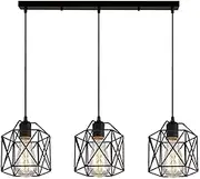 Vintage Pendant Light, 3-Light Adjustable Hanging Pendant Lights Fixture with Cage Shade, Industrial Design Pendant Lamp for Kitchen/Dining Room/Hallway, E27 Base Black