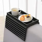 GEHE Natural Bamboo Sofa Armrest Rest, Shelf Table for Couch, Sofa Armrest Tray Table Non-Slip, Couch Drink Holder for Snacks, Mobile Phone, Control, Cups, Flexible and Foldable (Black)