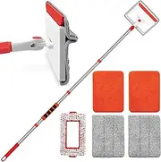 [JEHONN] Baseboard Cleaner Tool with Handle, 56 inches Base Boards Cleaning Mop Scrubber, 1 Stiff Bristles Brush, 2 Chenille and 2 Microfiber Pads, Wall Duster for Floorboard Ceiling Window Tile