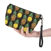 Fresh Pineapple Black Portable Cosmetic Bag Large Travel PU Leather Makeup Pouch