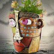 Brutalist Abstract Beauty Face Flower Pot Colorful Resin Head Planter with Handles for Easy Moving, Unique Artistic Decor for Indoor/Outdoor Plants, Perfect Gi