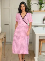 Pour Moi Pink Laney Lace Trim Woven Wrap Midi Dress (N63958) | $113