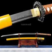Folded Steel Japanese Katana Samurai Sword Sharp Full Tang With Yellow Scabbard.