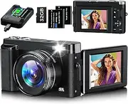 Digital Camera, 4K 48MP Autofocus Compact Digital Camera with 32G Memory Card 16X Digital Zoom, Vlogging Camera with 3.0 inch 180° Flip Screen and Charging Station for Beginners（Black）