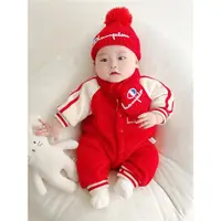 在飛比找ETMall東森購物網優惠-嬰兒新年拜年服冬裝加絨哈衣洋氣套裝過年紅色連體衣寶寶一歲衣服