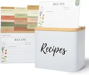 Simplistic Charms Recipe Box with Cards and Dividers, 4X6 Inch Cards 100 Count, White Metal with Wood Top Giftable Recipe Card Holder Box Set