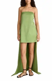 Rebecca Taylor Slub Sateen Mini Dress with Train in Fern at Nordstrom, Size 2