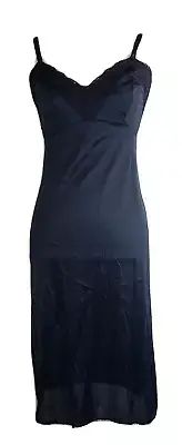 VTG Nancy King Lingerie Dress Full Slip Lace Nylon Side Slit #2172 Black Size 32