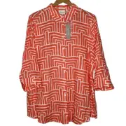 NEW Chico's No-Iron Linen Maze Loop Back Tunic Top Long Sleeve Orange Size 3