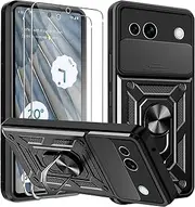 [CONAPIKA] Case for Google Pixel 8a,Heavy Duty Full Body Protective Cover [Rotating Magnetic Car Bracket][Camera Sliding Cover] Hybrid Soft TPU+Hard PC Anti-Scratch Case with 2 Tempered Glass,Black