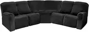 LightInTheBox 7-Piece Velvet Stretch Reclining Couch Covers 5 Seats Corner Sofa Cover L Shape Sectional Recliner Sofa Covers for Sofa Anti Slip Furniture Protector Thick Soft Washable (Black)