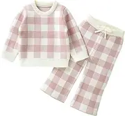 [Generic] Autumn and Winter New Baby Checkerboard Checker Knit Round Neck Top + Wide Leg Pants Pants Suit Two PC Set Baby Blanket for Girls (Pink, 9-12 Months)