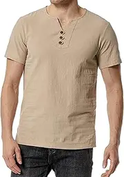 [Generic] Men's Fashion Button V Neck Beach T-Shirts Cotton Linen Solid Outdoor T Shirts Casual Short Sleeve Summer Shirts