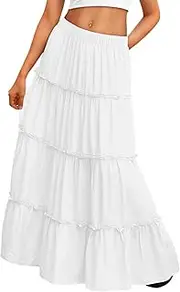[Trendy Queen] Long Skirts for Women Boho Maxi Skirt Summer Swing Tiered A-Line Elastic High Waist Dress with Pockets Fashion