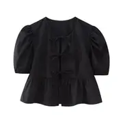 Short-Sleeve Plain Peplum Tie Front Blouse Black - XS