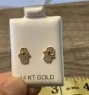 14K Yellow Real Solid Gold Cz White Hamsa Studs Earrings Screw-back
