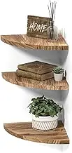 Wall Mounted Rustic Wood Round Edge Corner Shelf Storage Rack, Bookcase, Floating Shelves Home Decor for Bedroom, Living Room, Office and Kitchen, Set of 3 (Round Edge)